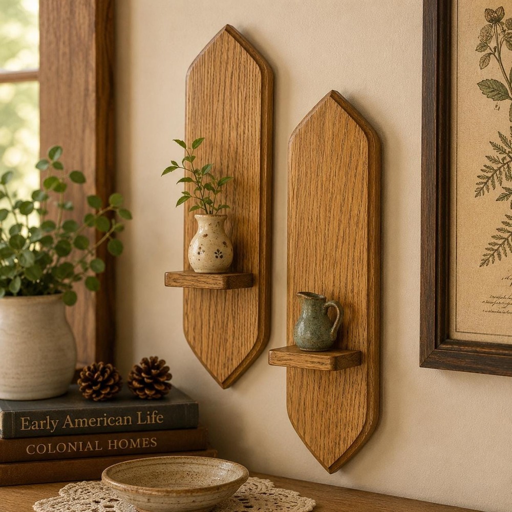 Vintage Oak Wall Display Shelves Pair Mini Floating Display Rustic Farmhouse - Picture 1 of 8